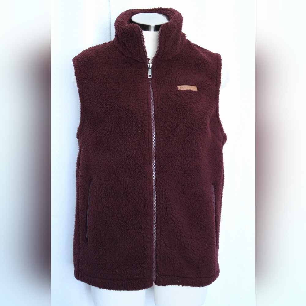 Sage Burgundy Sherpa Fleece Vest Small Plaid Lined - Picture 6 of 8
